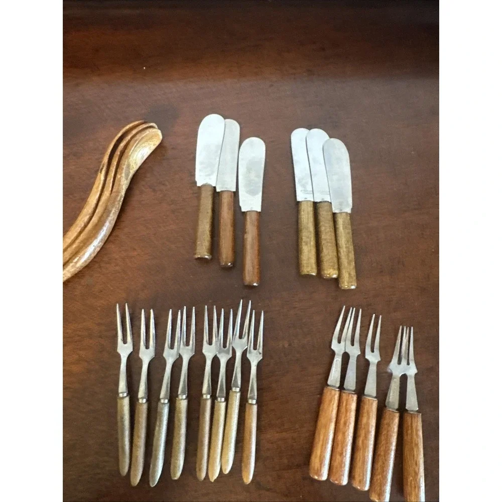 22 Pc. Mini Vintage Wood Appetizer Fork Knives Set Mini Utensils MCM Stainless
